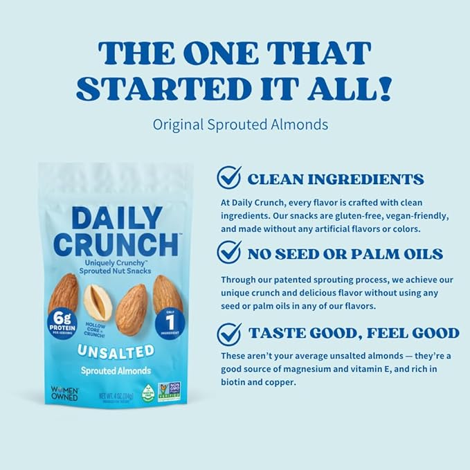 Daily Crunch Sprouted Almonds and Dehydrated nuts for a Unique Crunch, Keto Friendly, Non-GMO Zero Seed Oils, Gluten Free 4oz (6 Pack, Original)