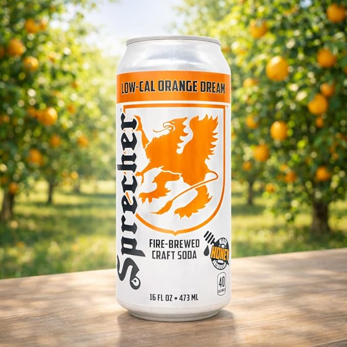 Sprecher Low-Cal Orange Dream Soda 16 fl oz Cans (12 Pack), Fire-Brewed Diet Soda with Real Honey, Handcrafted Orange Soda, Reduced Calorie, Caffeine-Free Gourmet Beverage