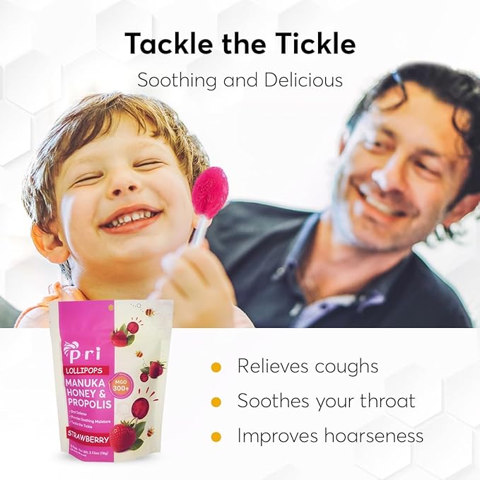 P.R.I Manuka Honey Lollipops with Propolis, Certified MGO 300+ - Throat Soothing, Strawberry Flavor, (24 Lollipops, 5.46oz)