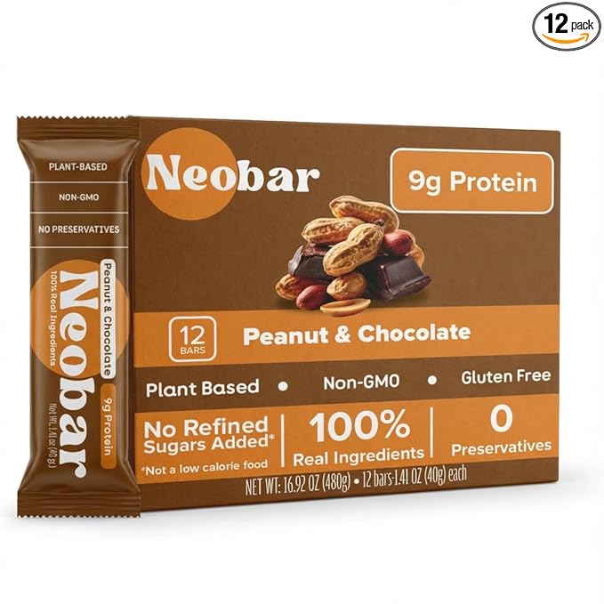 NEOBAR Fruit and Nut Bars - Plant-Based Vegan Snack Bars, Gluten Free Dairy Free Snacks, No Preservatives, No Refined Sugars Added, Non-GMO | Peanut & Chocolate, 9g Protein,12 Count