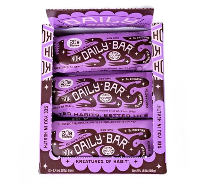 Kreatures of Habit DAILY BAR | Chocolate Chip Cookie Dough Dazzler (Pack of 12) – 20g Plant-Based Protein Bar | 3g of Creatine Monohydrate Per Bar, Gluten-Free, Vegan, Non-GMO