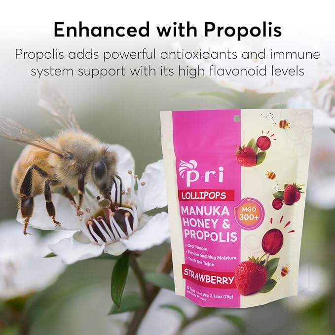 P.R.I Manuka Honey Lollipops with Propolis, Certified MGO 300+ - Throat Soothing, Strawberry Flavor, (24 Lollipops, 5.46oz)