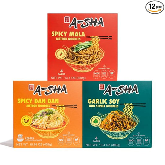 A-Sha The Signature Noodles Collection (3 Flavors, 12 Packs) | 11g+ of Protein | Premium Air Dried Never Fried Noodles