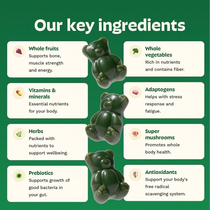 Gruns Adults Super Greens Multivitamin Gummies, Superfood Vitamin Gummy Bears with Spirulina, Chlorella, Prebiotic Fiber for Digestive Health, Adaptogens Supplement, 20 Vitamins & Minerals, 28 Count