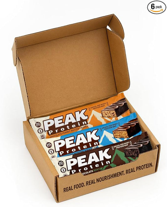 PEAK PROTEIN BARS - Natural - Grass-Fed Whey - 20G Protein - Non-GMO - Gluten Free - 6 Bar Variety Pack