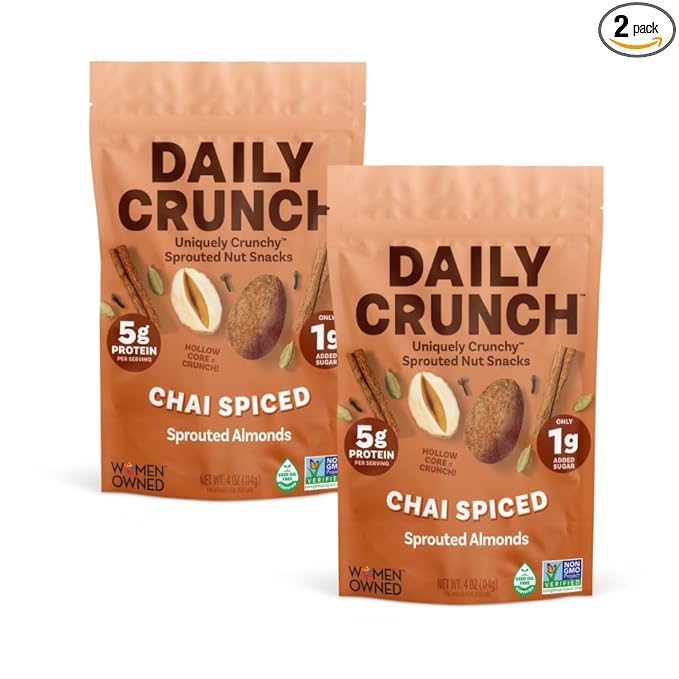Daily Crunch Sprouted Almonds and Dehydrated nuts for a Unique Crunch, Keto Friendly, Non-GMO Zero Seed Oils, Gluten Free 4oz (2 Pack, Spiced Chai Pear)