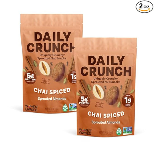 Daily Crunch Sprouted Almonds and Dehydrated nuts for a Unique Crunch, Keto Friendly, Non-GMO Zero Seed Oils, Gluten Free 4oz (2 Pack, Spiced Chai Pear)