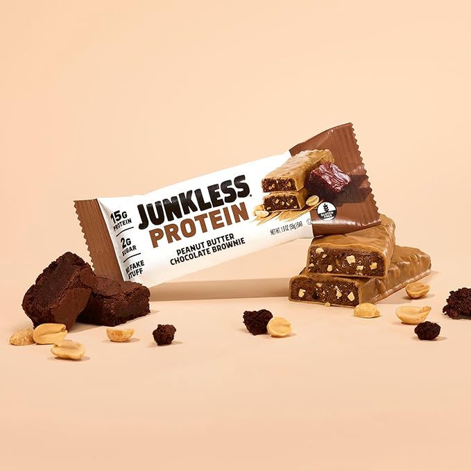 JUNKLESS Protein Bars - 15g Protein, No Added Sugar, Gluten Free, High Fiber, Delicious Taste and Texture, Satisfying, Healthy Snack for Energy - 12 Bars (Peanut Butter Chocolate Brownie)
