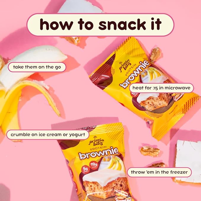 Prime Bites High Protein Brownie (12 Per Box, Banana Nut) - 19g of Protein, 5g of Collagen, Gluten Free, Low Sugar Treat, Delicious Protein Snack