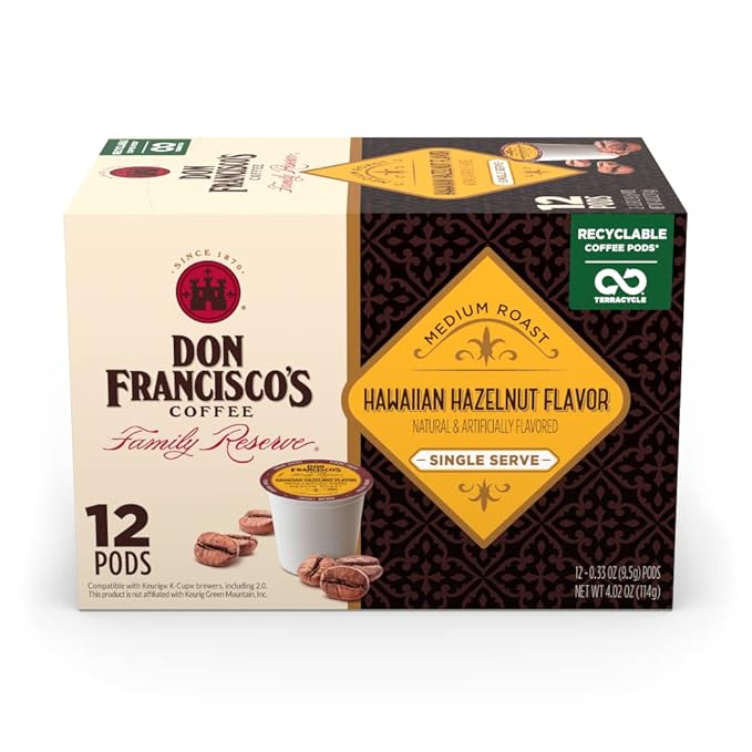 Don Francisco's Hawaiian Hazelnut Flavored Coffee Pods, 12 Count, Medium Roast, Compatible with Keurig Brewers