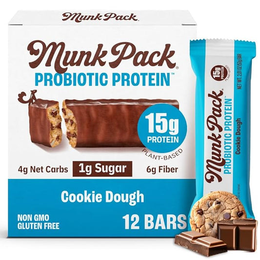 Munk Pack Cookie Dough Probiotic Keto Protein Bars | 15g Protein, 1g Sugar, 4g Net Carbs | Plant-Based, Low Sugar, Gut Health Snacks, Gluten-Free, Non-GMO | 12 Count