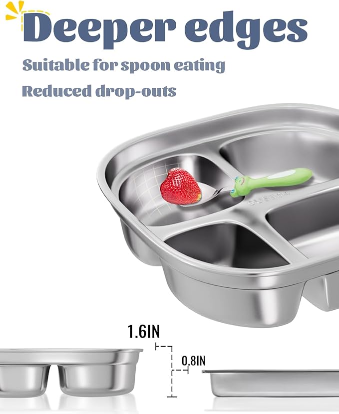 Stainless Steel Divided Plate for Kids Toddler, Non Toxic Portion Control Plate Dinner Plate with Lid for Adults Weight Loss, 2 Pack 4 Sections Square Snack Plate Tray