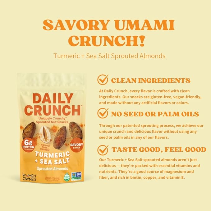 Daily Crunch Sprouted Almonds and Dehydrated nuts for a Unique Crunch, Keto Friendly, Non-GMO Zero Seed Oils, Gluten Free 4oz (6 Pack, Turmeric + Sea Salt)