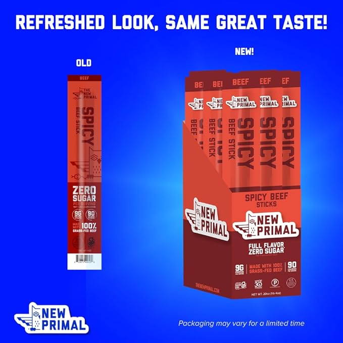 The New Primal Grass-Fed Spicy Beef Sticks, Keto, Gluten Free Healthy Snacks for Adults, Sugar Free Low Carb High Protein Snack, Paleo Whole30 Jerky Stick, 9g Protein, 20 Ct