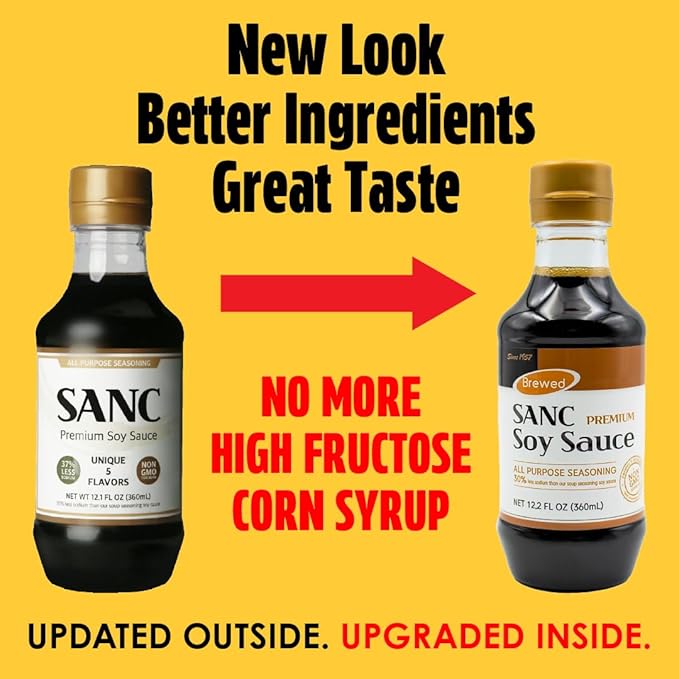SANC All Purpose Premium Soy Sauce, 12.2 Fl Oz (Upgraded Version) – No high fructose corn syrup, Less-Sodium Salt Substitute, NON-GMO Bean, No Artificial Additives, Naturally Brewed Soy Sauce