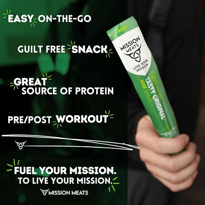 Mission Meats Beef Sticks – 100% Grass Fed Beef, Zero Sugar, Healthy Snacks, Individually Wrapped, Gluten Free, Non-GMO, Original 1oz (Pack of 24)
