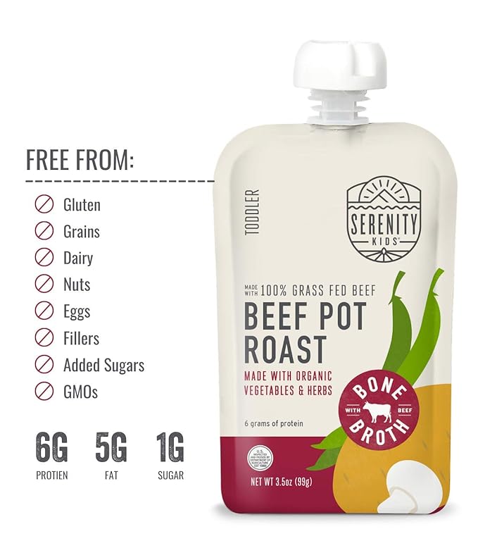 Serenity Kids Beef Bone Broth Puree with Organic Veggies - Protein-Rich, BPA-Free & Grass Fed Beef Pot Roast Pouch Baby Food - Clean Label Project Purity Award Certified - 3.5 Oz, 6 Pack