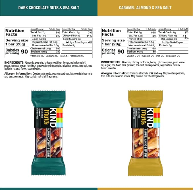 KIND Bar Minis, Variety Pack, Dark Chocolate Nuts and Sea Salt, Caramel Almond Sea Salt, Dark Chocolate Cherry Cashew Healthy Snacks, Gluten Free, Low Calorie Snacks, Low Sugar, 30 Count