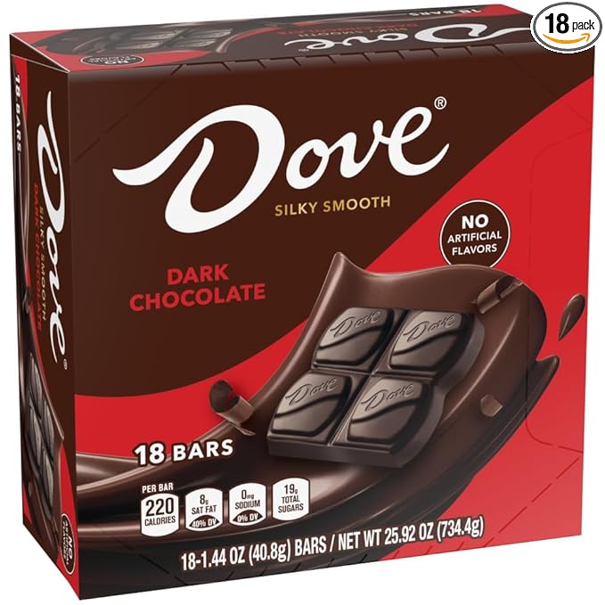DOVE Dark Chocolate Candy Bars, Full Size Candy Bars, Suitable for Snacking, Parties, and Gift Baskets, 1.44 oz (Pack of 18)