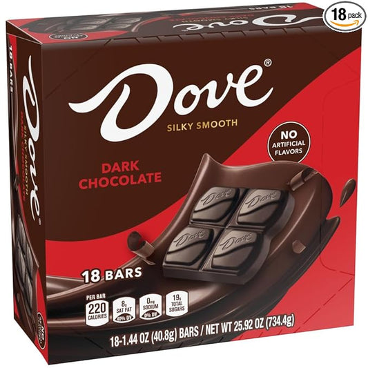 DOVE Dark Chocolate Candy Bars, Full Size Candy Bars, Suitable for Snacking, Parties, and Gift Baskets, 1.44 oz (Pack of 18)