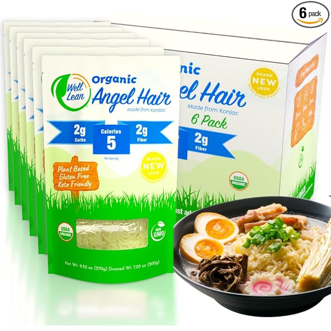 Well Lean Angel Hair — USDA Organic, Low Carb, Low Calorie Konjac Pasta — Ready to Eat and Healthy — Plant Based, Soy Free, Vegan, Paleo and Keto Friendly (6 Pack)