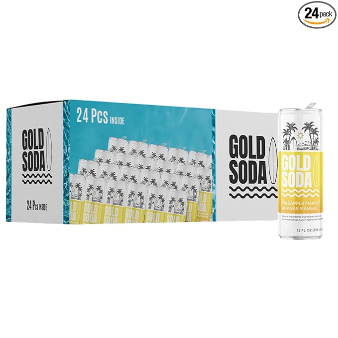 Gold Soda - Natural Ingredients - Organic Cane Sugar - Non-GMO - No Preservatives - Monk Fruit - Sparkling Water - Made with Natural and Organic Flavors, 12 Fl Oz (24 Pack) (24 Pack, Pineapple Mango)