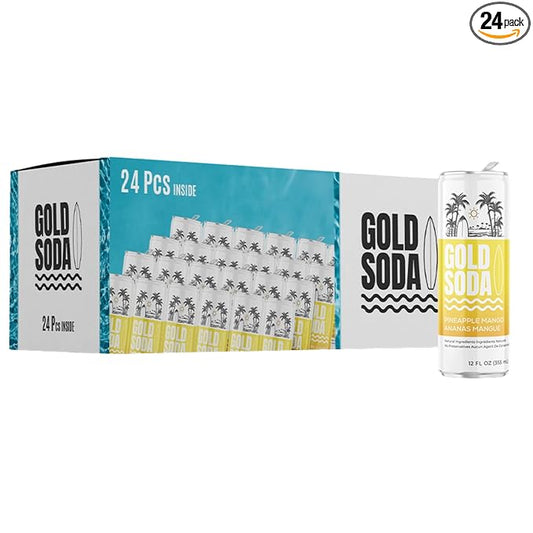 Gold Soda - Natural Ingredients - Organic Cane Sugar - Non-GMO - No Preservatives - Monk Fruit - Sparkling Water - Made with Natural and Organic Flavors, 12 Fl Oz (24 Pack) (24 Pack, Pineapple Mango)