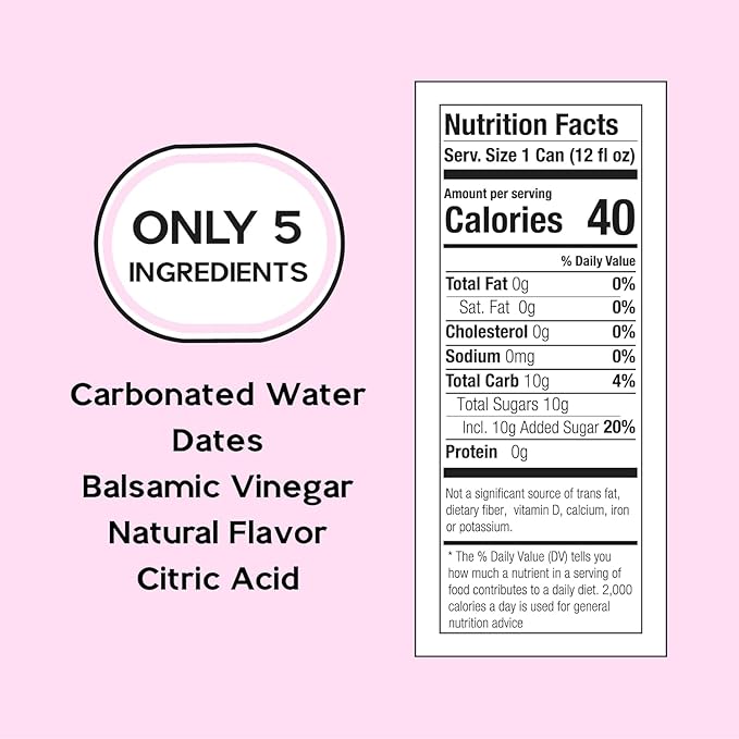 Strawberry Sparkling Wellness Soda - Naturally sweetened with dates - Crafted with balsamic vinegar - 5 simple ingredients - Low calorie - Antioxidant-rich - No added sugar 12 pack