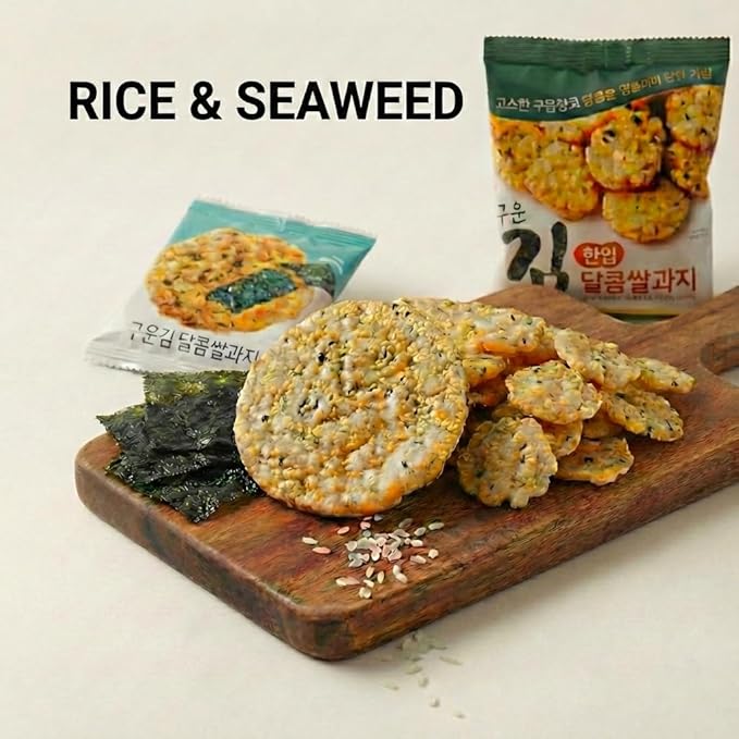 Baked Seaweed Sweet Rice Crackers, Korean Rice Snack with Roasted, Individually Wrapped, Light & Crunchy Snack (Seaweed Round (0.32 oz) - 40 Packs)