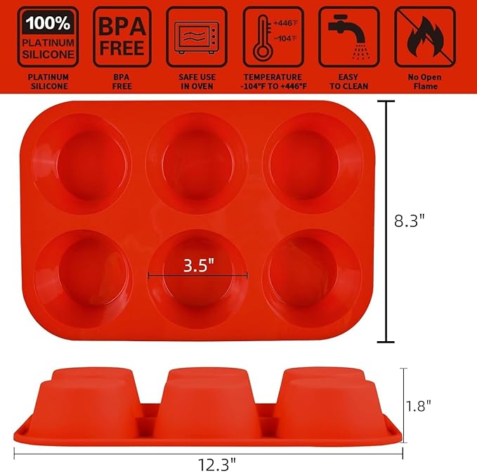 CAKETIME Silicone Jumbo Muffin Pan, 3.5 Inch Silicone Texas Muffin Pan 6 Cup Large Cupcake Pan Nonstick BPA Free 2 Pack Red