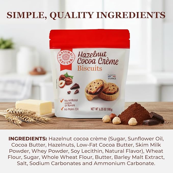 Natural Nectar Hazelnut Cocoa Crème Biscuits – 6 Pack (6 × 6.35 oz) – Sandwich Biscuits Filled with Smooth Hazelnut Cocoa Cream; Snack Cookies for Coffee & Dessert