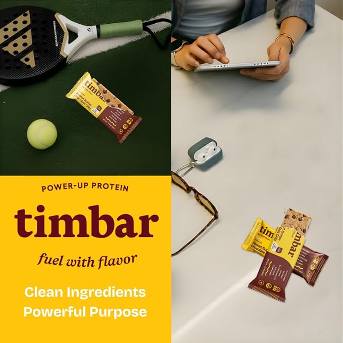 timbar Plant-Based Protein Bars, Peanut Butter Chocolate Chip | 15g Plant Protein, 8g Prebiotic Fiber | Gluten & Dairy Free, Non-GMO, No Sugar Alcohols (Pack of 4)