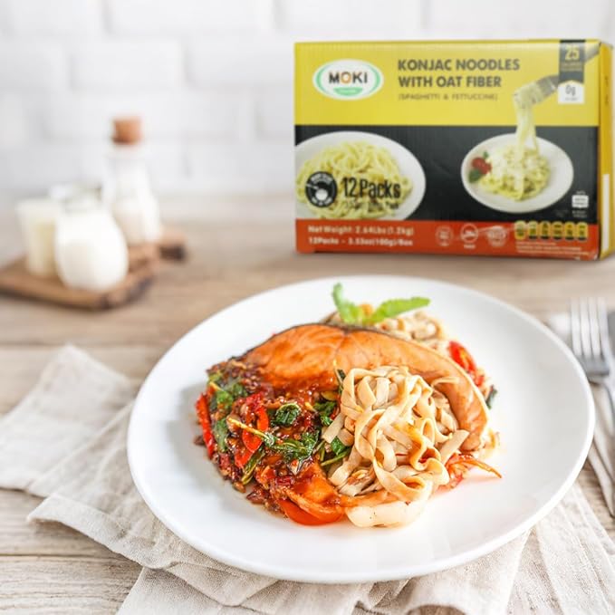 MOKI Wide Konjac Oat Fiber Noodles,Shirataki Thai Fettuccine,12 Pack Low-Calorie Shirataki Pasta, Keto & Paleo-Friendly, Gluten-Free, Vegan,Low-Carb,0-Fat, Oat Flavor from Thailand (42.36 oz,1200g)