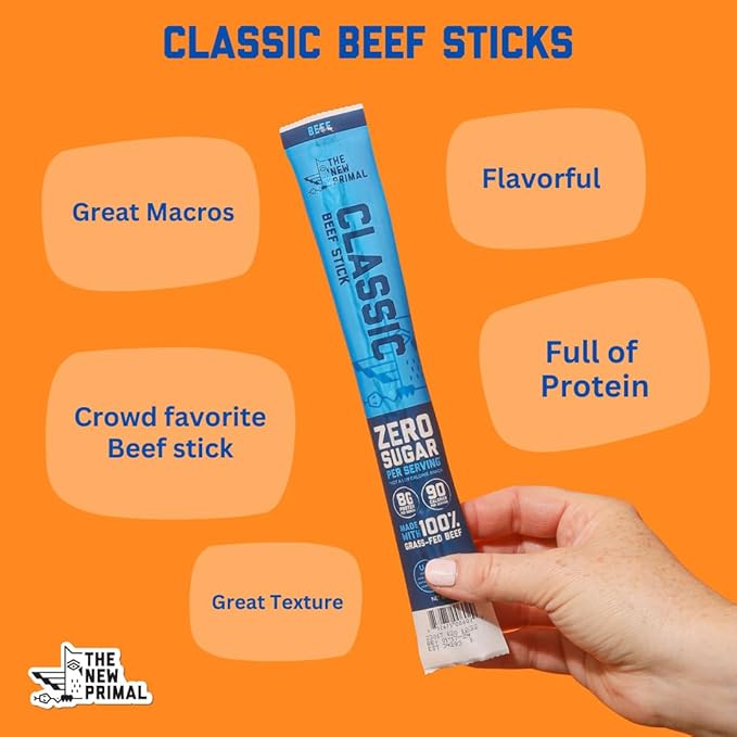 The New Primal Grass Fed Beef Sticks, Keto, Gluten Free Healthy Snacks for Adults, Sugar Free Low Carb High Protein Snack, Paleo Whole30 Jerky Meat Stick, 8g Protein, 90 Calories, 20 Pack