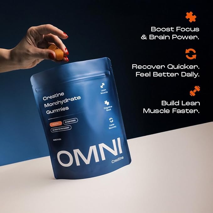 Creatine Monohydrate Gummies - Supports Muscle Growth, Recovery & Brain Function - Convenient & Easy to Take - Great Tasting Peach Flavor - 1g per Gummy, Low Sugar - 90 Count (Peach)
