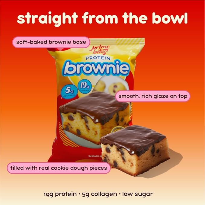Prime Bites High Protein Brownie (12 Per Box, Cookie Dough Bites) - 19g of Protein, 5g of Collagen, Gluten Free, Low Sugar Treat, Delicious Protein Snack