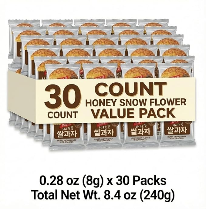 Crispy Honey Snow Flower Rice Cracker, Korean Sweet Rice Snack, Individually Wrapped Light Crunchy Treat (Honey Round (0.28 oz) - 30 Packs)