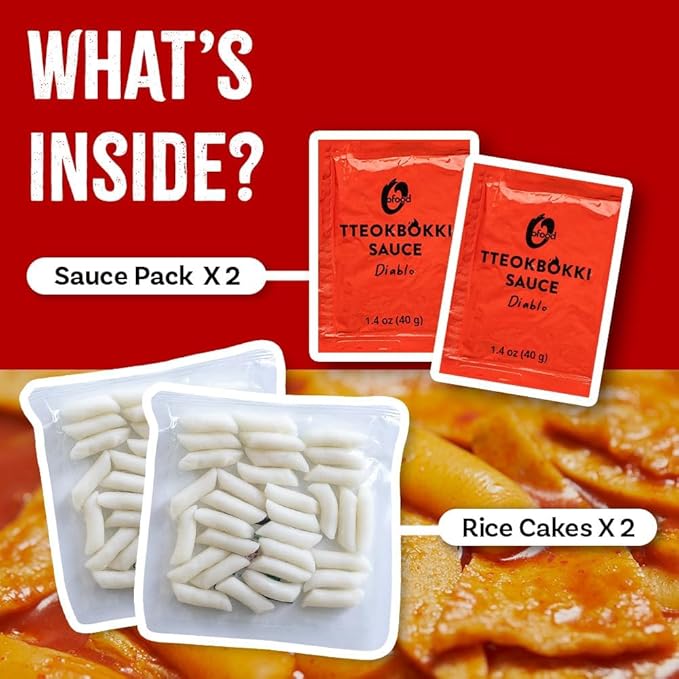 Tteokbokki Korean Rice Cakes – [Sweet Chili | Pack of 1] – Gluten Free | Ready in 3 Minutes | 0 Cholesterol/ 0 Trans Fat | 2 Servings Spicy Street Snack | Healthy/Savory/Spicy - O’food