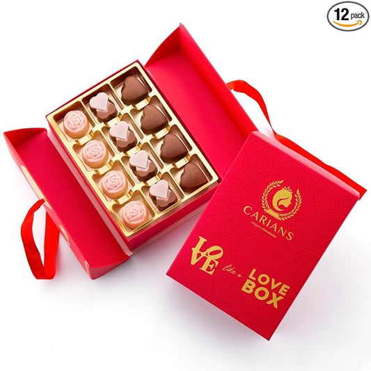 Carian’s Bistro Belgian Chocolate Gift Box of Love, Luxury Milk Chocolates with Strawberry and Hazelnut Cream, Great For Gift Giving, Valentine's Day and Anniversary for Lovers, 12 pc.