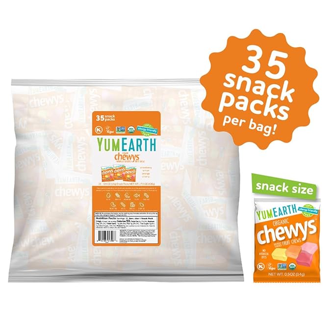 YumEarth Organic Chewys Fruit Flavored Candy Chews - Allergy Friendly, Gluten Free, Non-GMO, Vegan, No Artificial Dyes - Assorted Flavors 35ct Bulk Bag