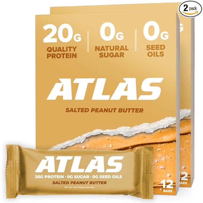 Atlas Real Food Protein Bar – 20g Clean Protein, 0g Sugar, No Seed Oils, No Artificial Sweeteners (Salted Peanut Butter, 24 Count)