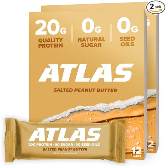 Atlas Real Food Protein Bar – 20g Clean Protein, 0g Sugar, No Seed Oils, No Artificial Sweeteners (Salted Peanut Butter, 24 Count)