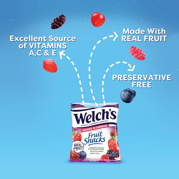 Welch's Fruit Snacks, Berries 'n Cherries, Gluten Free, Bulk Pack, 0.8 Ounce - 40 Count (Pack of 5)