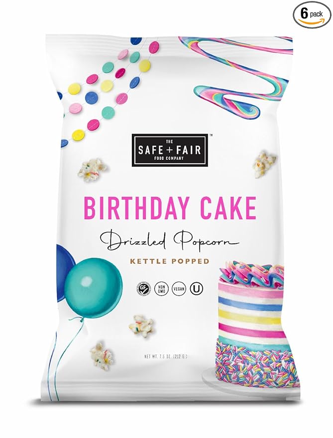 Safe + Fair Birthday Cake Drizzled Popcorn - Gluten-Free, Dairy Free and Vegan Snack - Free From Top 9 Allergens and Artificial Ingredients – Non GMO, Plant Based Kettle Popped Corn, 5.5 oz