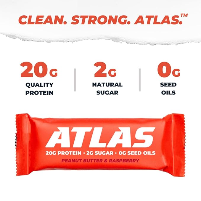 Atlas Real Food Protein Bar – 20g Clean Protein, 2g Sugar, No Seed Oils, No Artificial Sweeteners (Peanut Butter Raspberry, 24 Count)