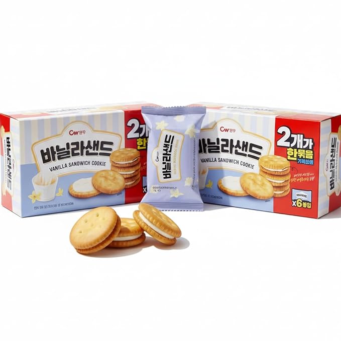 Korean Food CW Vanilla Sandwich Cookies, Sweet Vanilla Cream Biscuits, 1+1 Family Pack (6 Packs x 2, 12 Packs Total, 360g / 12.7 oz Total), Crispy Korean Snack