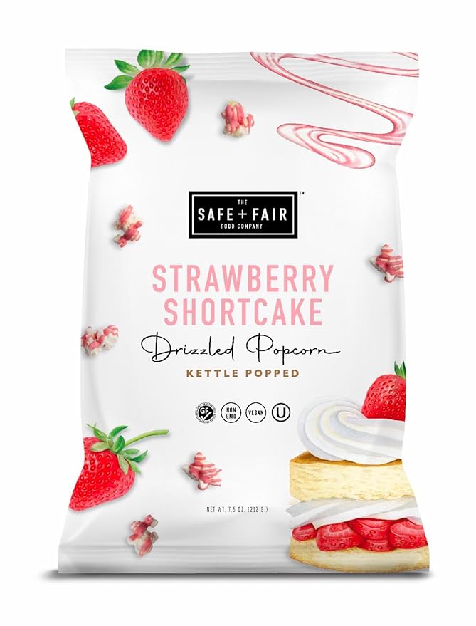 Safe + Fair Food Company Plant-Based Gourmet Strawberry Flavored Popcorn - Strawberry Shortcake Drizzled Kettle Corn Popcorn - Non-GMO + Gluten-Free Snacks,5.5oz