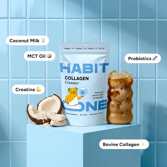 HABIT ONE Collagen Protein Creamer for Coffee with Probiotics, Creatine & MCT Oil - Dairy Free Coconut Topper for Mushroom Coffee - Made in USA - 30 Servings
