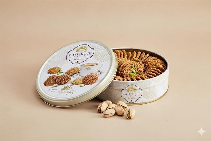 Zaitoune Barazek Cookies - 250 g | Luxurious Crunchy Sesame & Pistachio Biscuits Handcrafted in Turkey | Beautiful Reusable Gift Tin | Perfect for Coffee or Tea | Great Ramadan Sharing Present