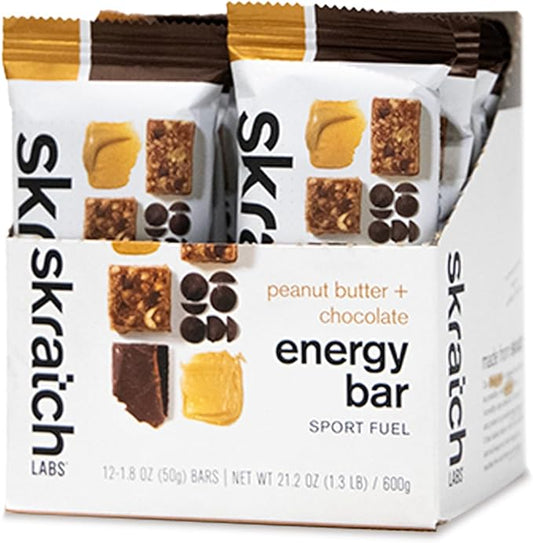 Skratch Labs Energy Bar | Peanut Butter + Chocolate (12 Pack) | Plant Based Healthy Snack | Low Sugar - 5g Protein | Non-GMO, Gluten Free, Soy Free, Vegan, Kosher